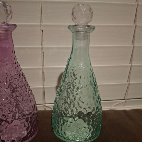 Trio of Pebbled Glass Decorative Bottles w/ Crystal Stoppers - Picture 5 of 6